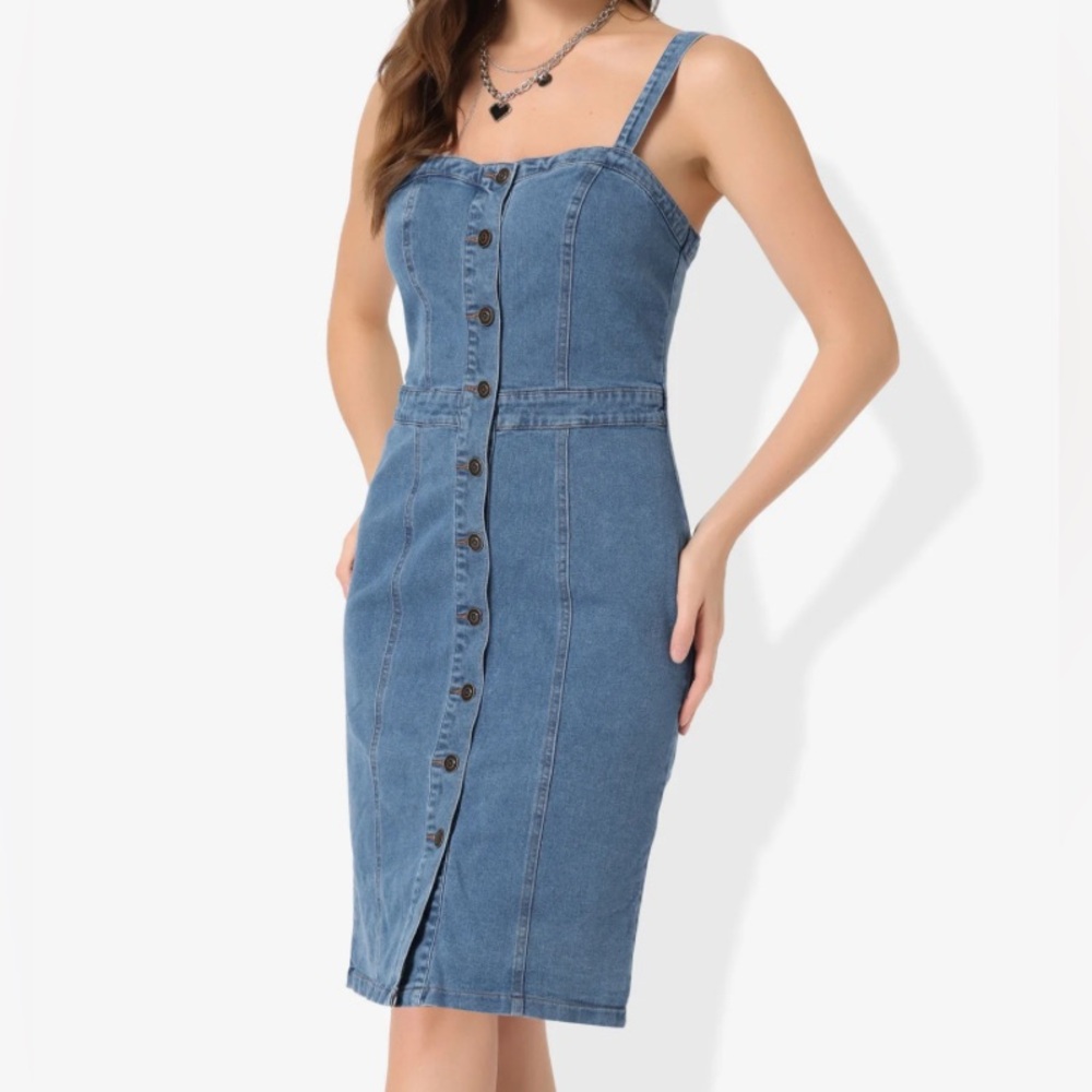 Allegra K Button Down Denim Sleeveless Sweetheart Neck Jeans Dress, Light Blue